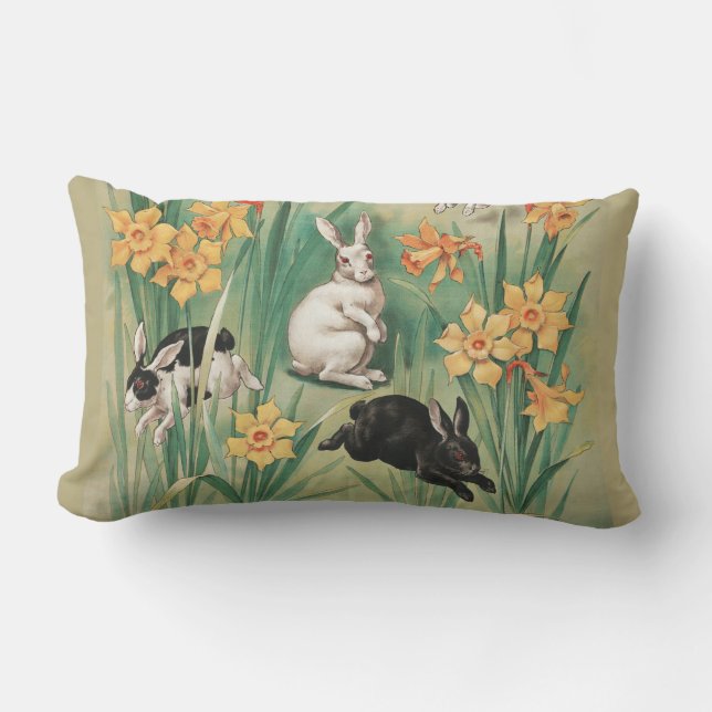 Coussin Rectangle Bunnies mignons aux fleurs de jonquille Antique Pâ (Recto)