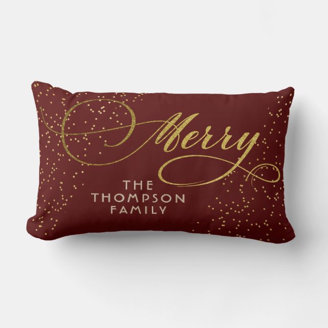 Coussin Rectangle Burgundy Gold Script Merry Bright Famille Noël (Recto)