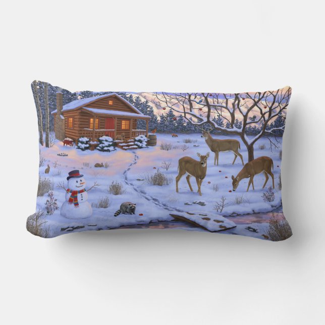Coussin Rectangle Cabane d'hiver cerf dans la neige scène de Noël (Recto)
