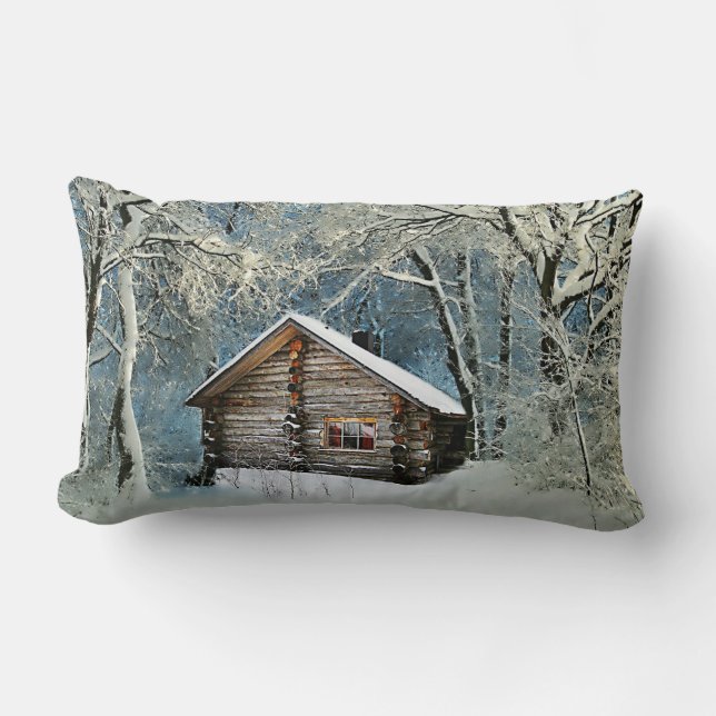 Coussin Rectangle Cabane en rondins rustique magie d'hiver (Recto)