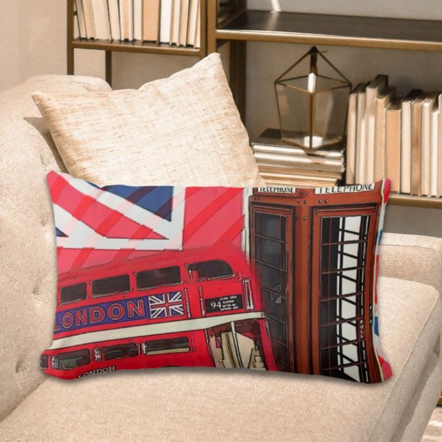 Coussin Rectangle Cabine téléphonique rouge Retro Union Jack London  (Retro Union Jack London Bus red telephone booth Lumbar Pillow)