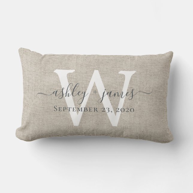 Coussin Rectangle Cadeau de mariage en lin beige avec monogramme bla (Recto)