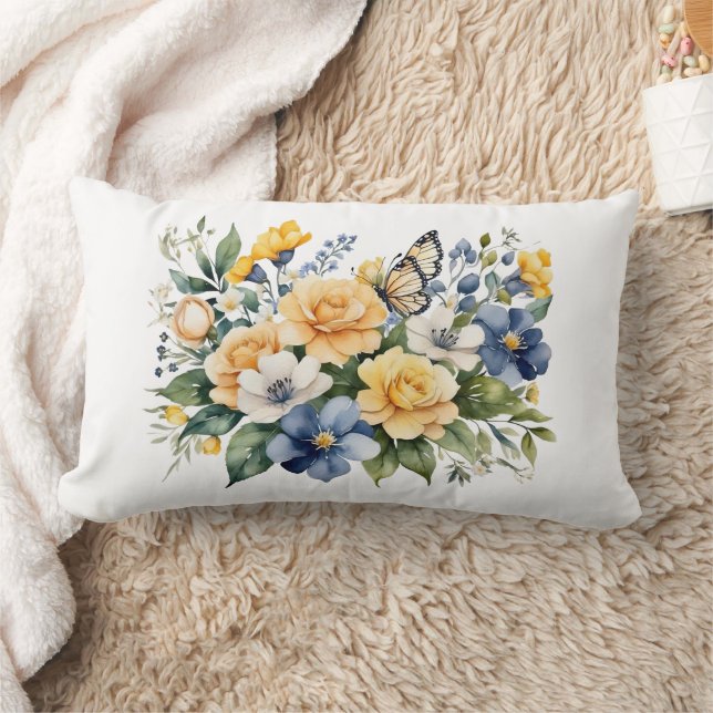 Coussin Rectangle Cadeau de papillon floral aquarelle bleu blanc jau (Couverture)