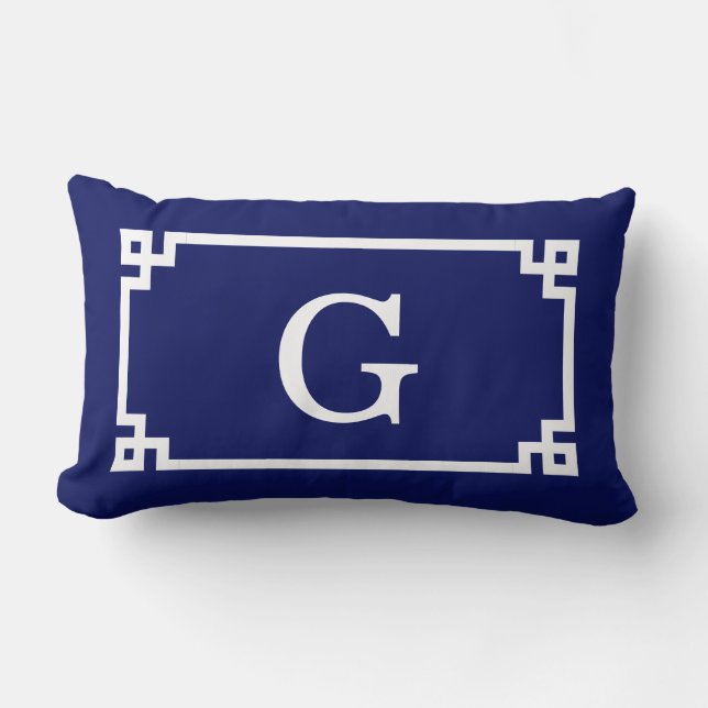 Coussin Rectangle Cadre de clé grecque blanche marine #2 Monogramme  (Recto)