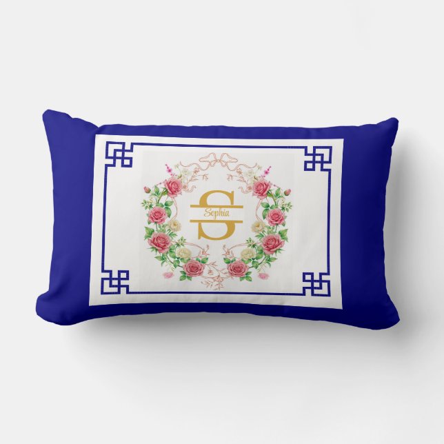 Coussin Rectangle Cadre décoratif élégant avec monogramme floral (Recto)