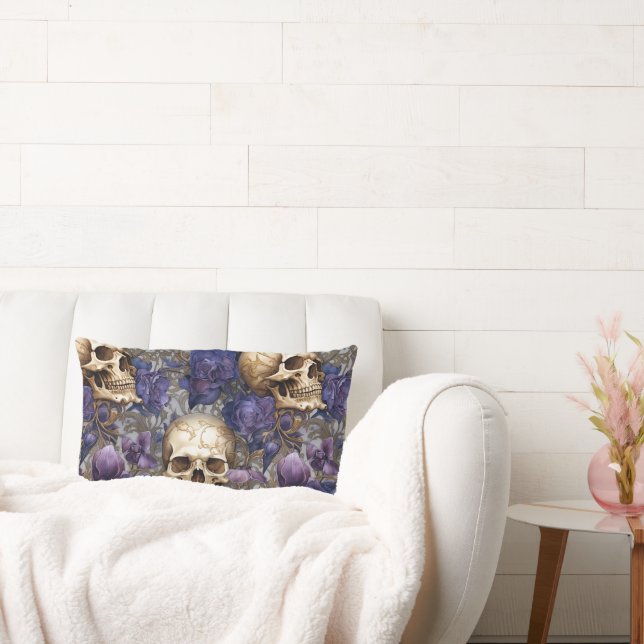 Coussin Rectangle Calaveras y Rosas Moradas – Arte Gótico Elegante (Canapé)