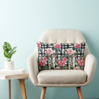 Camellias Roses Sur Bandes Plaid Noires Et Blanche