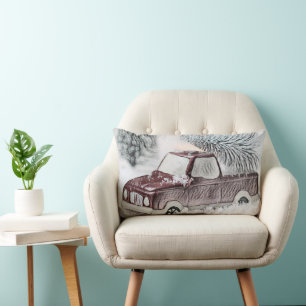 Coussin Rectangle Camion rouge vintage avec dessin d'arbre de Noël