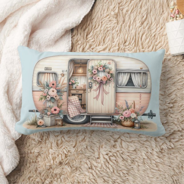 Coussin Rectangle Camper Boho avec couronne florale et pastels rose (Couverture)