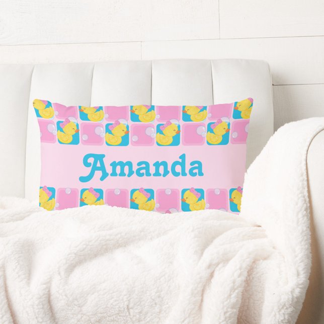 Coussin Rectangle Canard en caoutchouc aquarelle fille nom personnal (Watercolor Girl Duck Throw Pillow Personalized with Name)