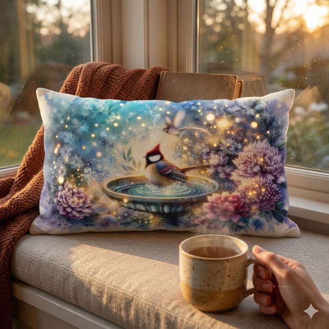 Coussin Rectangle Cardinal au bain d'oiseaux Jardin de rêve Ar (Cardinal at Birdbath Dreamy Garden Ar Lumbar Pillow Mockup D)