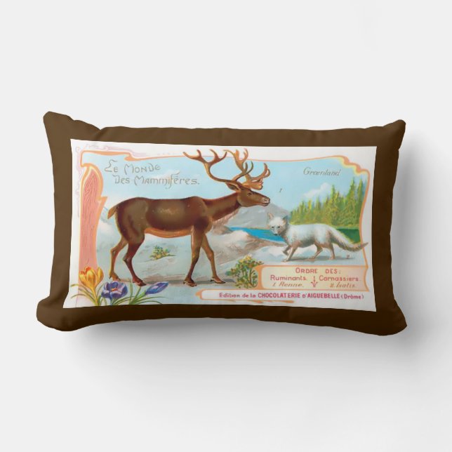 Coussin Rectangle Caribou vintage (rennes) et renard arctique (Recto)