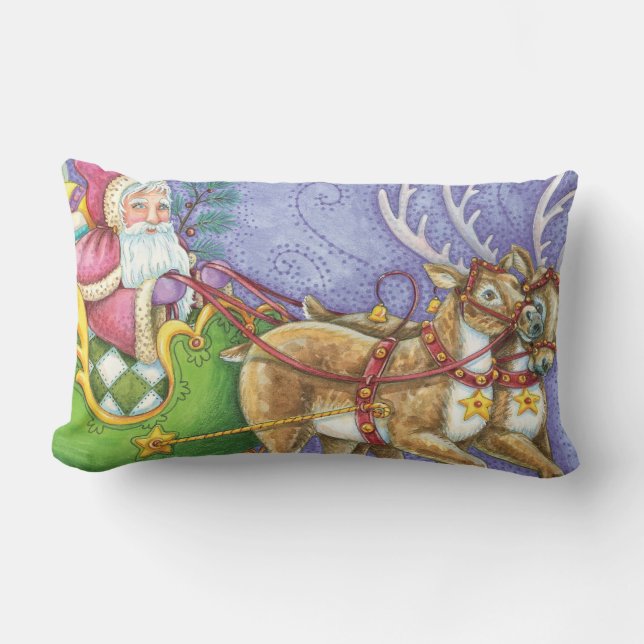 Coussin Rectangle Caricature de Noël Santa Claus Sleigh Reindeer (Recto)