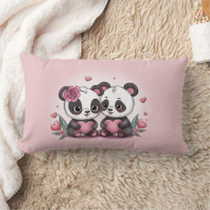 Coussin Rectangle Caricature mignonne Panda Les amoureux Coeurs Sain