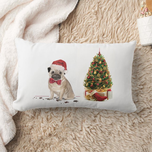 Coussin Rectangle Carlin drôle Chien de Noël avec arbre (Couverture)