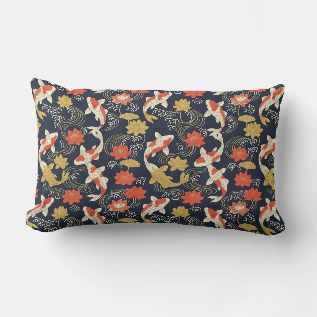 Coussin Rectangle Carpe Koï Élégante et Motif de Lotus (Recto)
