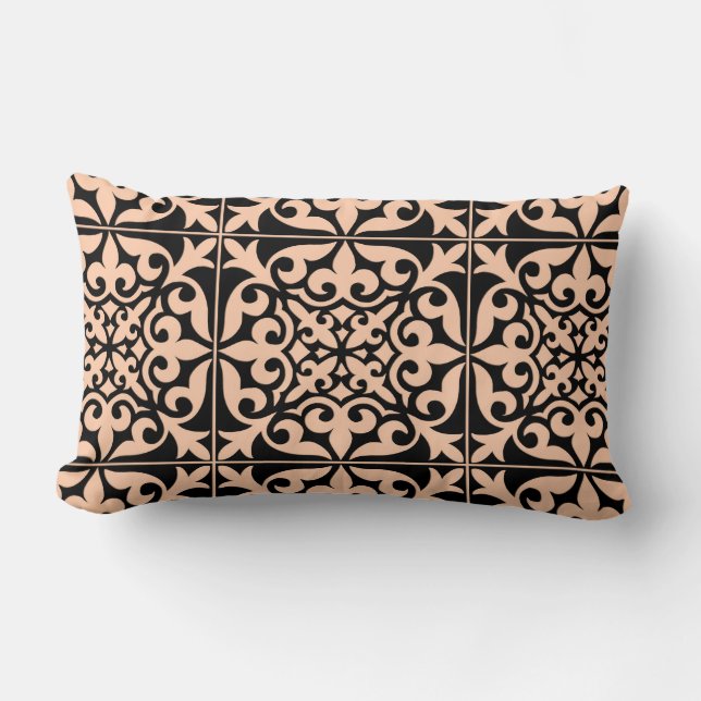 Coussin Rectangle Carreau marocain - rose pêche et noir (Recto)