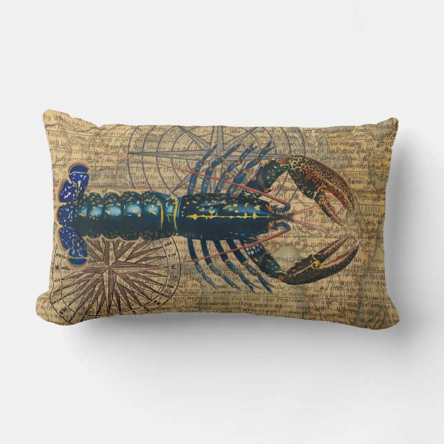 Coussin Rectangle Carte de homard bleu vintage en collage : Thème na (Recto)