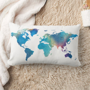 Coussin Rectangle Carte du monde aquarelle bleu vert Voyage