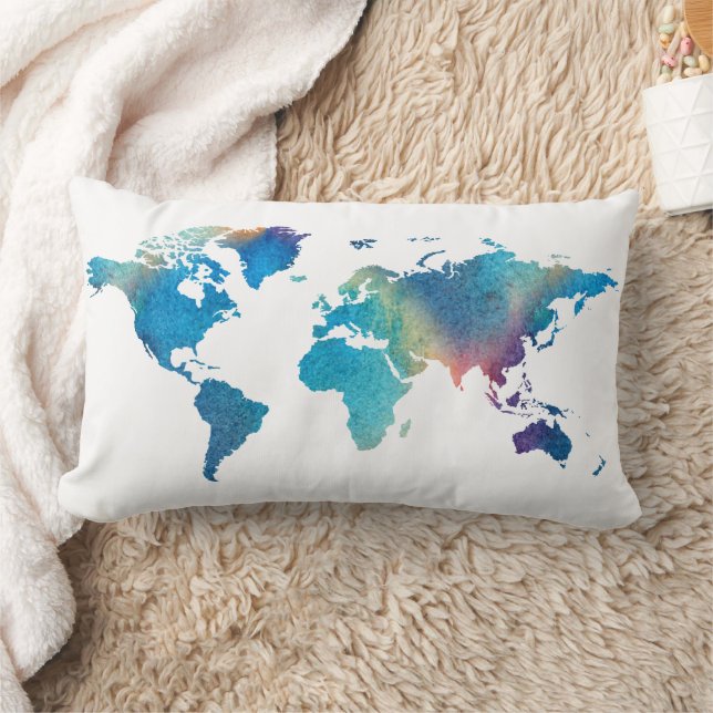 Coussin Rectangle Carte du monde aquarelle bleu vert Voyage (Couverture)