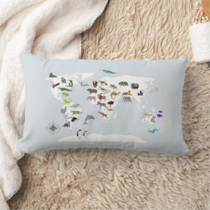 Coussin Rectangle Carte du monde pour enfants Animaux