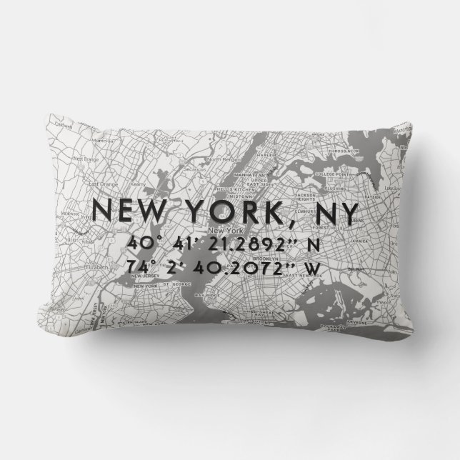 Coussin Rectangle Carte personnalisée de New York | Gris noir blanc (Recto)