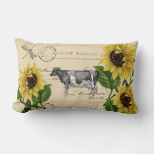 Coussin Rectangle Carte postale vintage Tournesol Jaune Vache Jaune