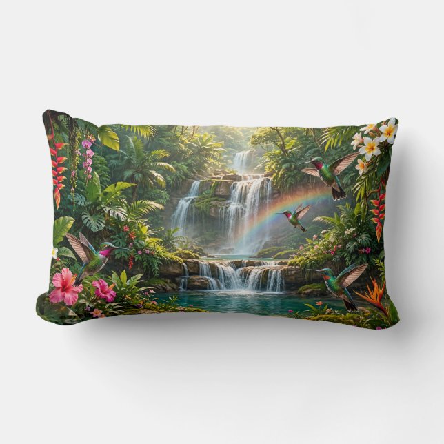 Coussin Rectangle Cascades Arc-en-ciel Colibris Cachette Tropicale (Recto)