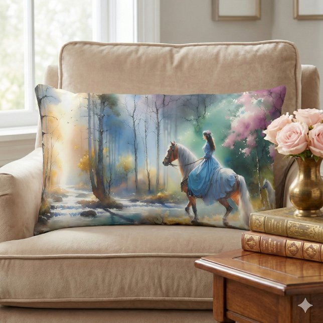 Coussin Rectangle Cavalière de rivière à l'aquarelle Forêt Lumière (Watercolor River Horsewoman Forest Light Lumbar Pillow Mockup A)