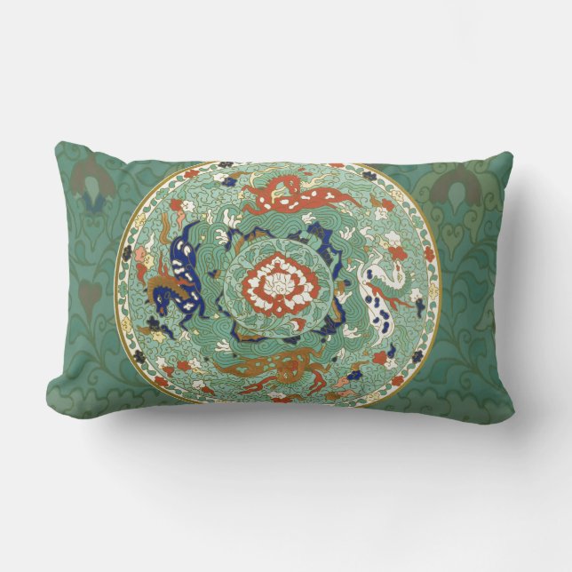 Coussin Rectangle Cercle chinois antique bleu vert (Recto)