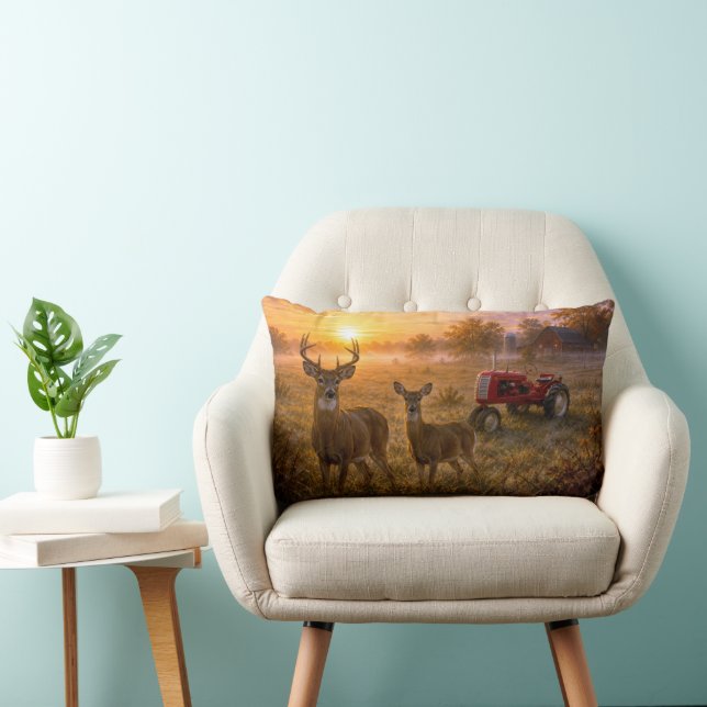 Coussin Rectangle Cerf à queue blanche avec tracteur agricole rouge  (Chaise)