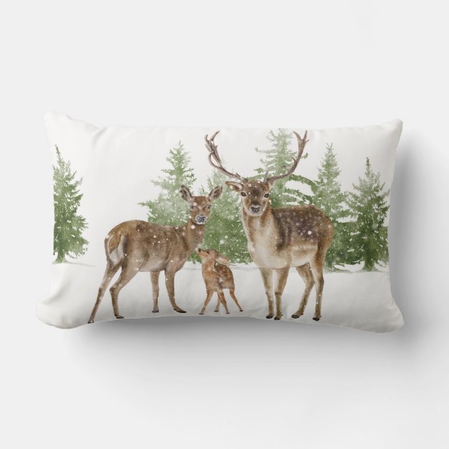 Coussin Rectangle Cerf de famille d'hiver (Recto)