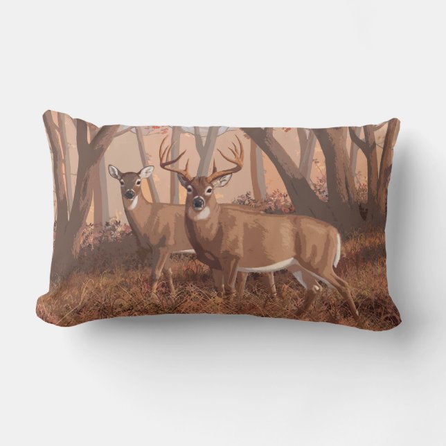 Coussin Rectangle Cerf De Virginie Dans La Forêt Style Rétro Nature (Recto)