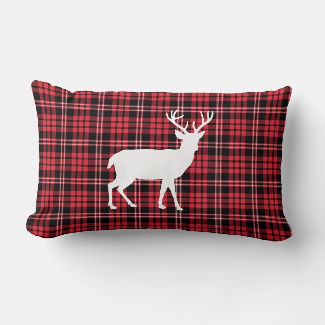 Coussin Rectangle Cerf Rustique Motif Carreaux Rouges Et Noirs (Recto)