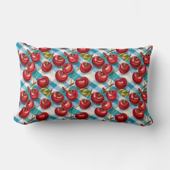 Coussin Rectangle Cerise mignonne et Motif bleu plaid (Recto)