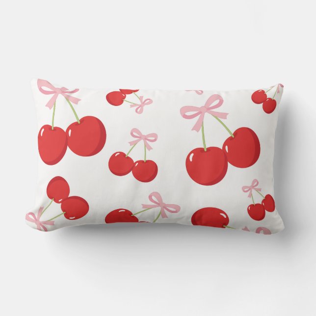 Coussin Rectangle Cerises Noires Rouges Nœud Rose Coquette Chic Cott (Recto)