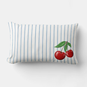 Coussin Rectangle Cerises rouges sur les Motifs de bandes bleues