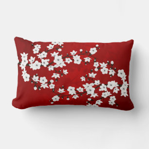 Coussin Rectangle Cerisiers Rouge Et Blanc Fleurs D'Asie