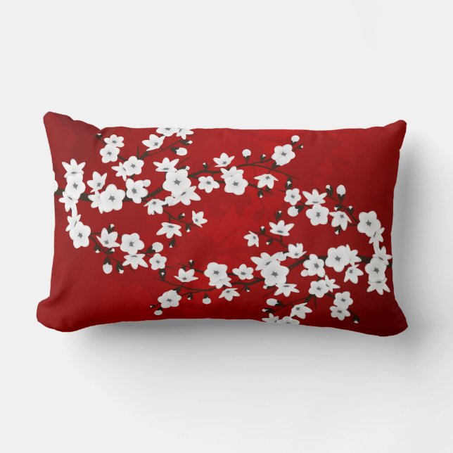 Coussin Rectangle Cerisiers Rouge Et Blanc Fleurs D'Asie (Recto)