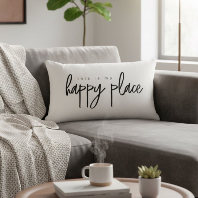 Coussin Rectangle C'est mon endroit heureux Typographie moderne Simp (double sided black and white this is my happy place accent pillow. )