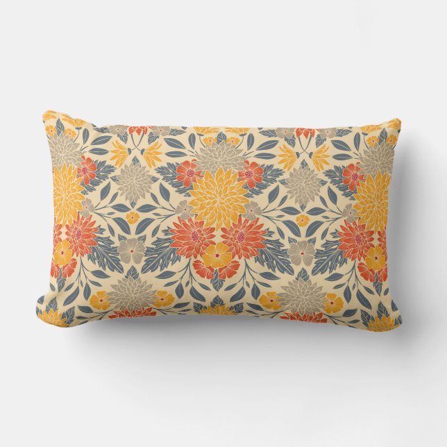 Coussin Rectangle Chaleureux Jaune, Orange & Bleu Floral (Recto)