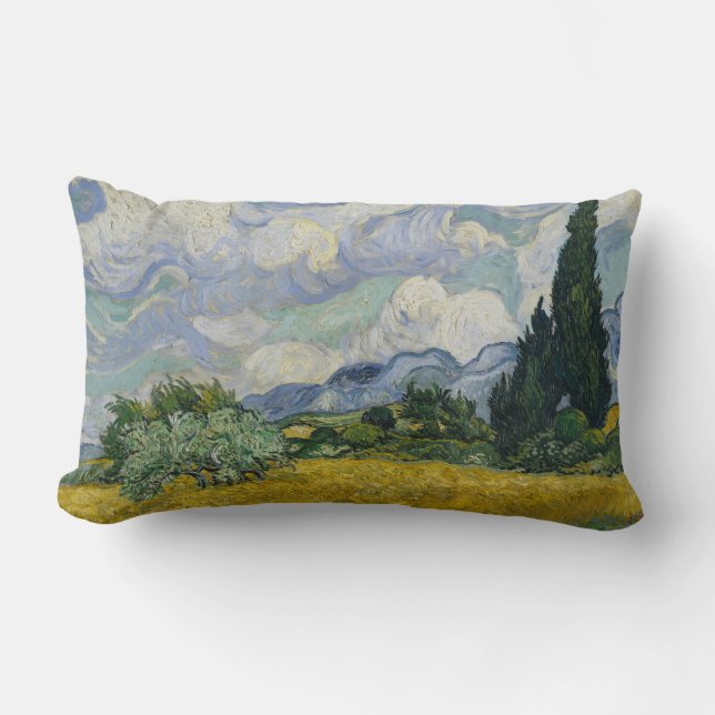 Coussin Rectangle Champ de blé avec cyprès, peinture à l'huile, Van  (Recto)