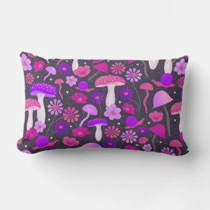 Coussin Rectangle Champignons floraux rose, violet et noir rétro
