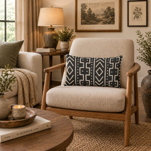 Coussin Rectangle Charbon Ivoire Mudcloth Inspiré Tribal Moderne