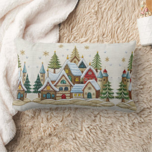 Coussin Rectangle Charmante Broderie Village d'hiver Jeu d'oreiller