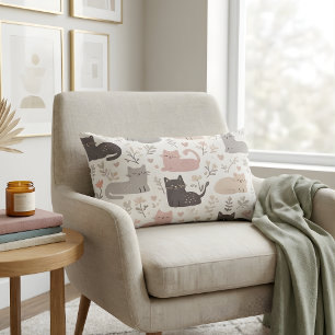 Coussin Rectangle Chat Adorable au Ton Pastel & Motif Floral Décorat