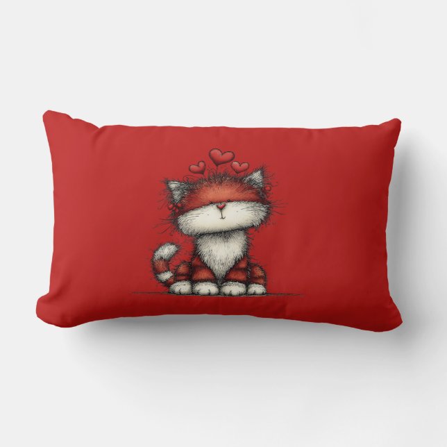 Coussin Rectangle Chat avec des cœurs d'amour rouges mignon et drôle (Recto)
