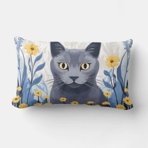 Coussin Rectangle Chat Bleu Russe Fleurs Jaunes