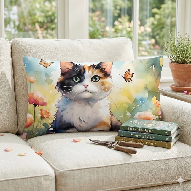 Coussin Rectangle Chat calicot dans un jardin printanier avec papill (Calico Cat in Spring Garden with Butterflies Lumbar Pillow On Sofa)