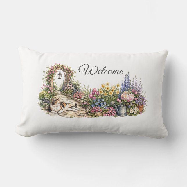 Coussin Rectangle Chat de Jardin Bienvenue (Recto)